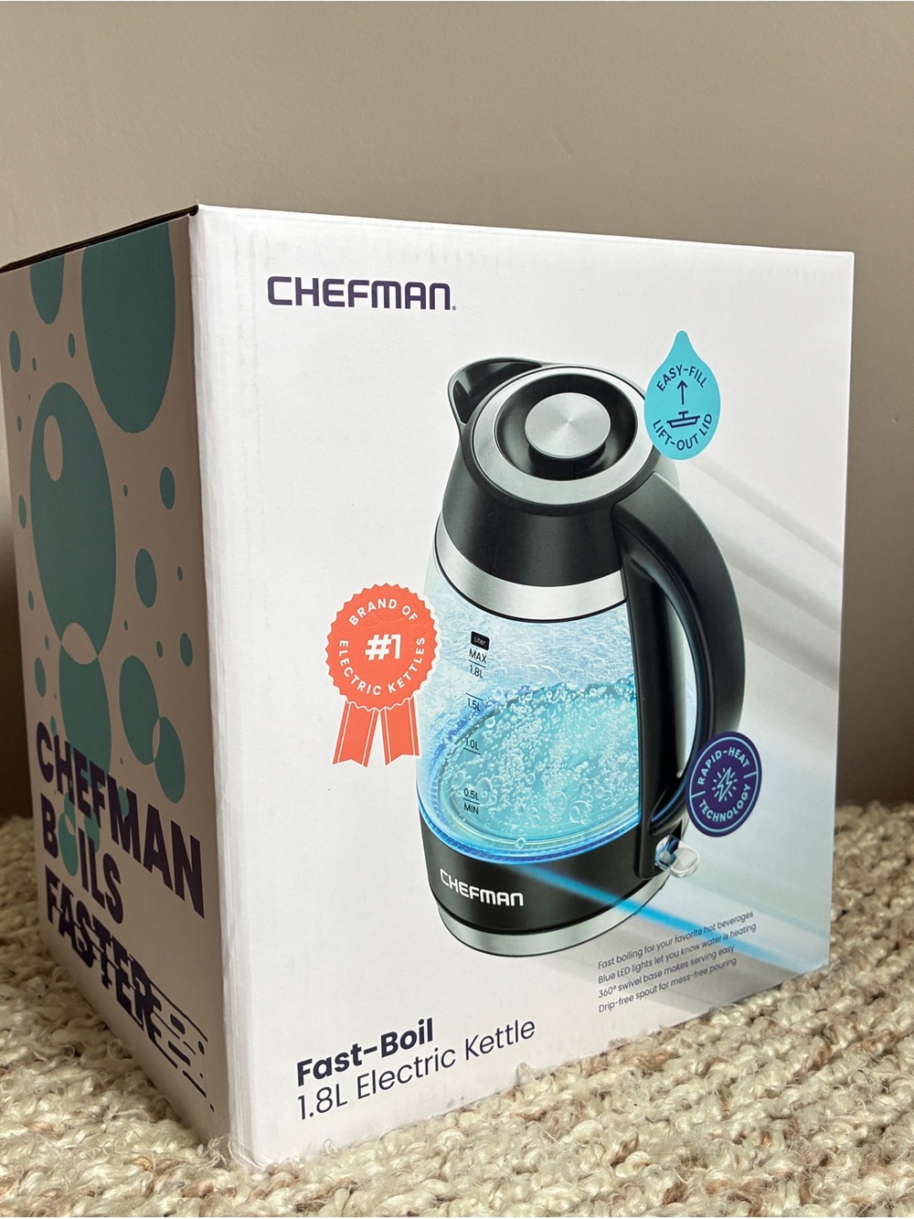 Chefman 1.8L Fast-Boil Electric Kettle - Black & Clear Glass
